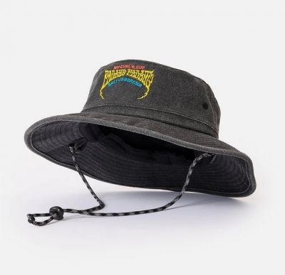  A dark gray bucket hat with a wide brim and a simple design. A black bucket hat featuring colorful embroidered text that reads 