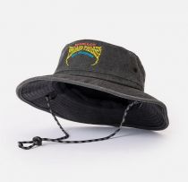  A dark gray bucket hat with a wide brim and a simple design. A black bucket hat featuring colorful embroidered text that reads 