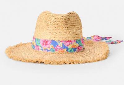  A wide-brimmed straw hat with a colorful floral scarf tied around the base. A straw hat with a colorful floral ribbon and ties,