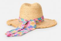  A wide-brimmed straw hat with a colorful floral scarf tied around the base. A straw hat with a colorful floral ribbon and ties,